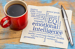 Coffee cup and napkin. Napkin printed with EQ and Emotional Intelligence.