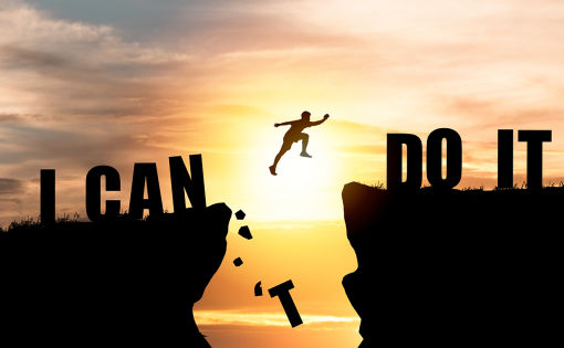 Image shows a student jumping across a chasm changing the words I can't do it into I can do it.